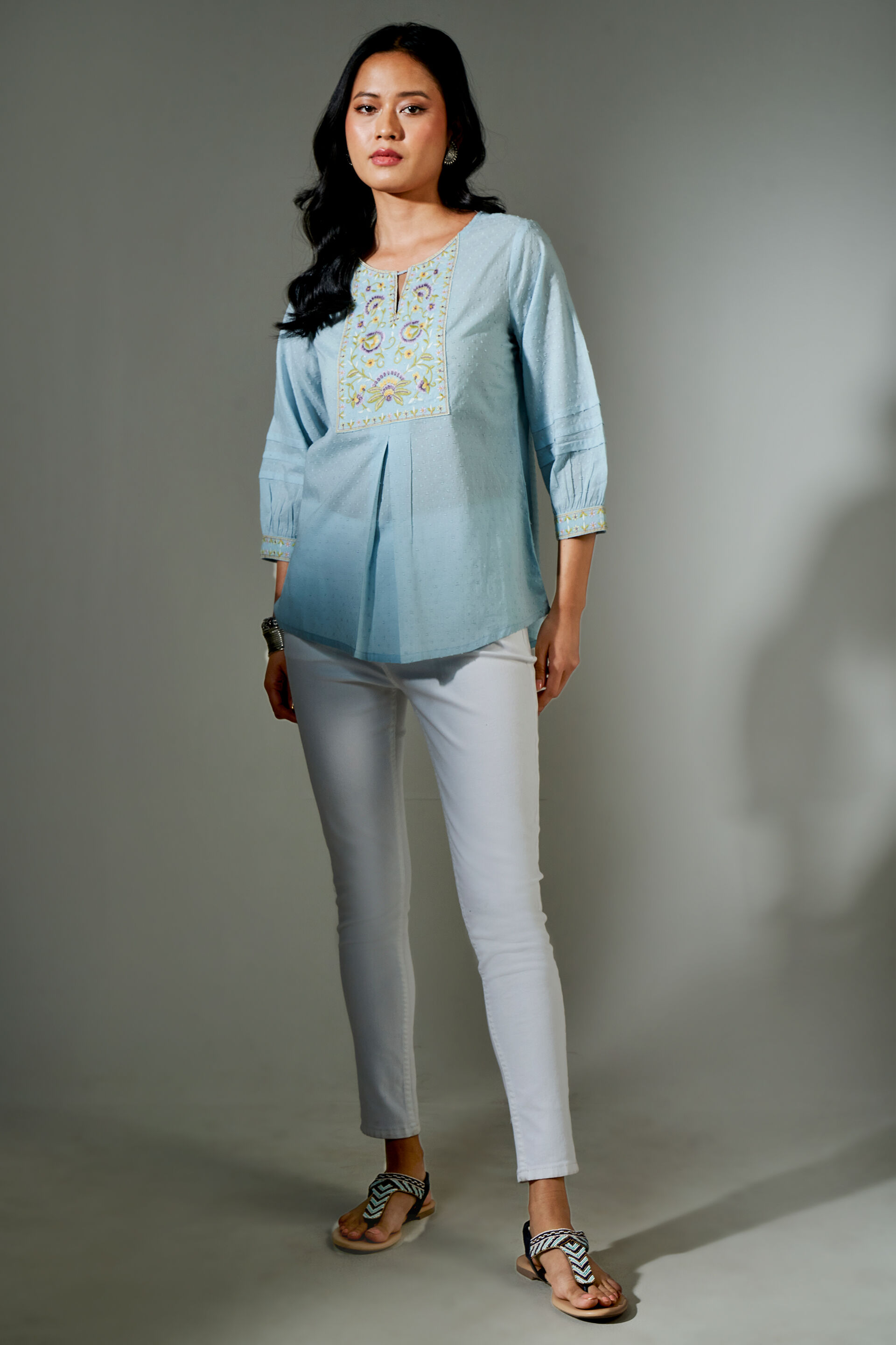 Aqua Dobby Embroidered Straight Top, Aqua, image 2
